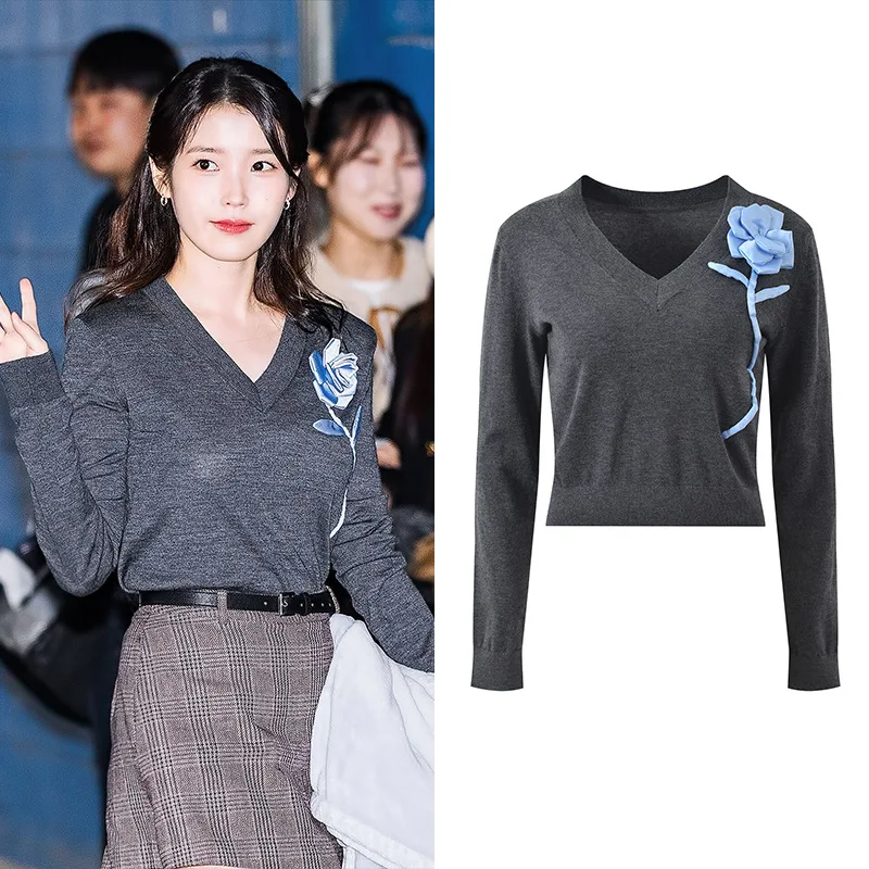 

Faionable ey V-Ne Knitted Top 3D Blue Flower All-Match Summer New Arrival Women's Commute Sle Clothing