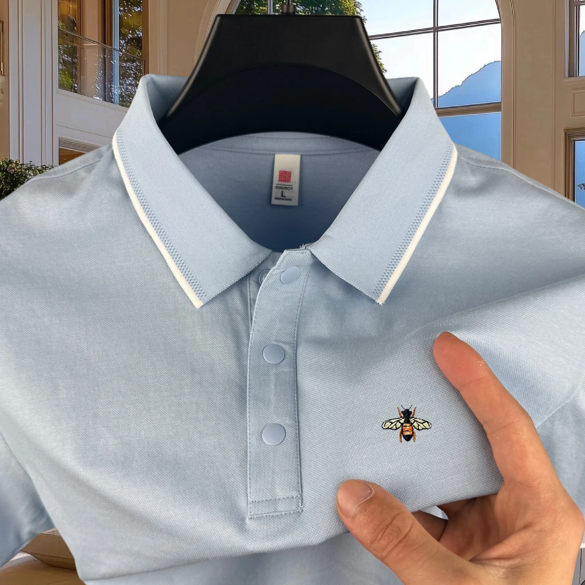 High end brand men's cotton short sleeved polo shirt summer fashion luxury striped series bee embroidery golf top casual T-shirt