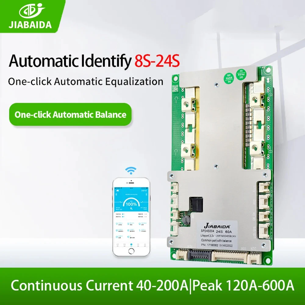 

JIABAIDA 8S BMS LiFePo4 Li-ion 10S 13S 14S 16S 20S 24S Lithium Battery 40A-200A Charge BT UART RS485 CAN Balance JBD Smart BMS