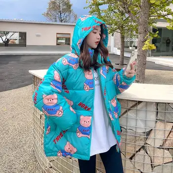 女性の漫画プリント長袖パーカー、厚手のコート、暖かい、女の子のジャケット、秋、冬に保つ