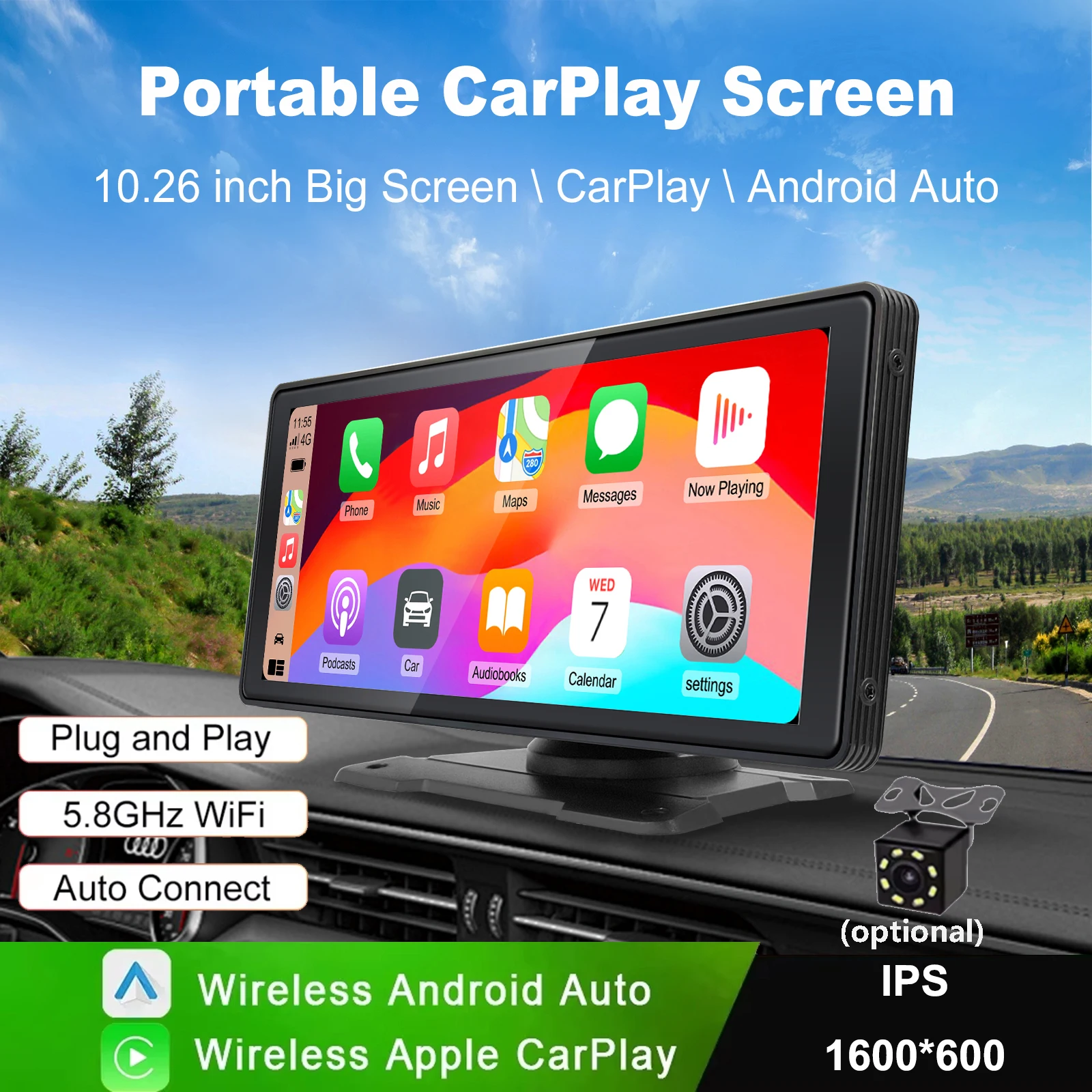 

10.26 Inch Portable 1600x600 HD Touch Screen Car Display Wireless Apple CarPlay Android Auto Mirror Link HD IPS for All Cars