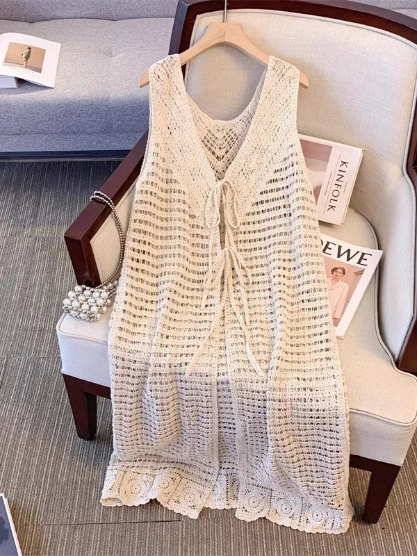 

plus Size Women's Summer Lace Trim Knitwear Long Loose Outerwear Belly Cover Thin Shirt Korean Style Office Commute Fashion