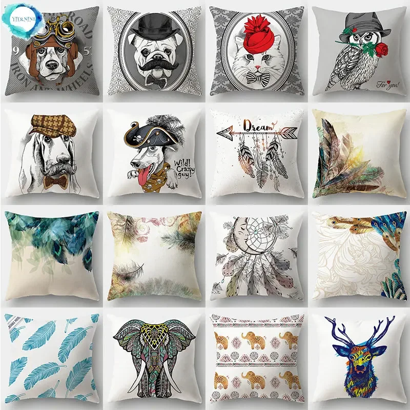 

45x45cm Cartoon Dogs Feather Print Pillowcase Home Landscape Decor Cozy Sofa Chairs Seat/Back Cushion Cover Throw Pillows Case