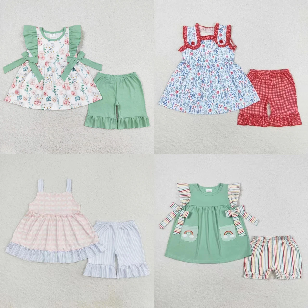 

Wholesale Baby Girl Summer Set Toddler Kids Ruffle Shorts Flower Rainbow Crabs Tops Two Pieces Children Infant Floral Outfit