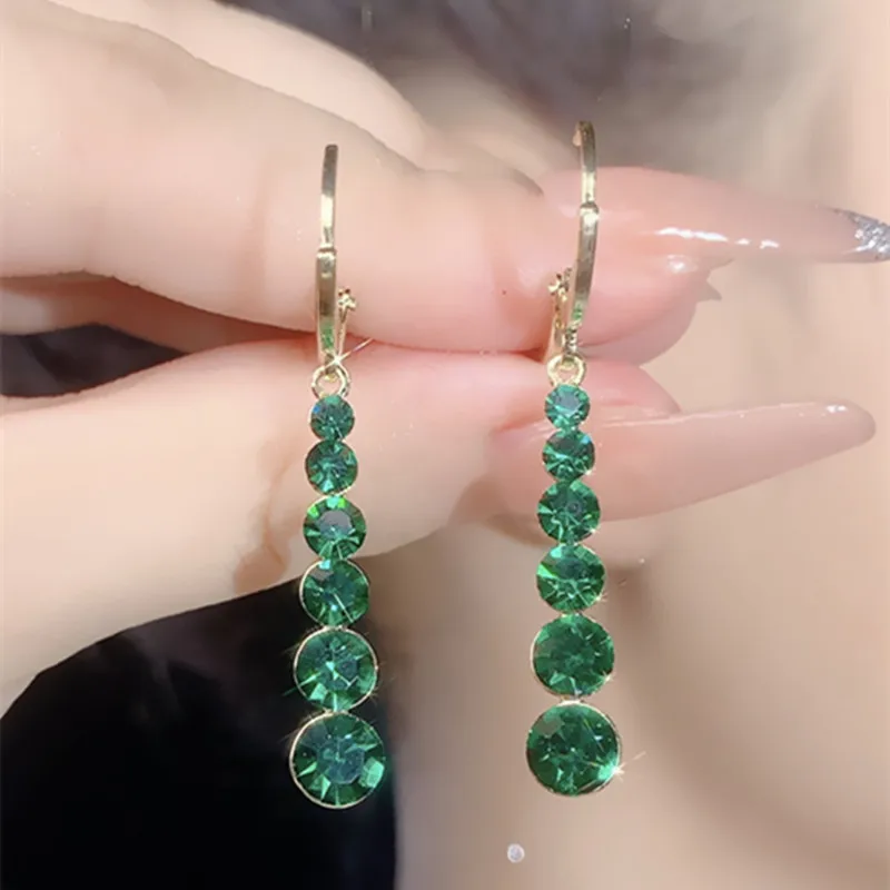 Classic Geometric Green Crystal Drop Earrings for Women Zircon Long Green Earrings Luxury Design Girls Party Jewelry Accessories