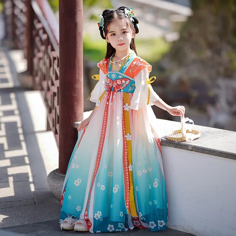 Traditional Tang Suit Girls Fairy Costume Butterfly Embroidery Hanfu Children Chinese Style Photography Cosplay Dress