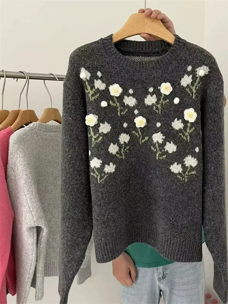 

Корейский свитер с милым цветочным принтом, женский свободный удобный мягкий вязаный свитер, осень-зима, Новое поступление, круглый Ne Long Sve