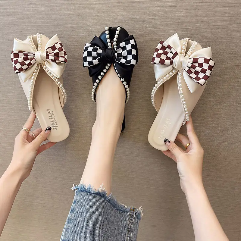 Closed Toe Half Slippers for Women Summer Wear 2022 New Bow Pearl Flat Soft Bottom Peep-Toe Slippers Women