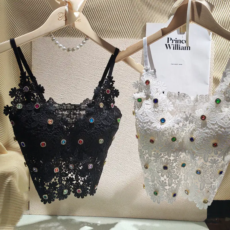 Women's Black Gothic Emo Lace Crop Top Vacation Style Y2k Tank Top Sequin Flower Hollow Cropped Tops Sleeveless Camisole Summer