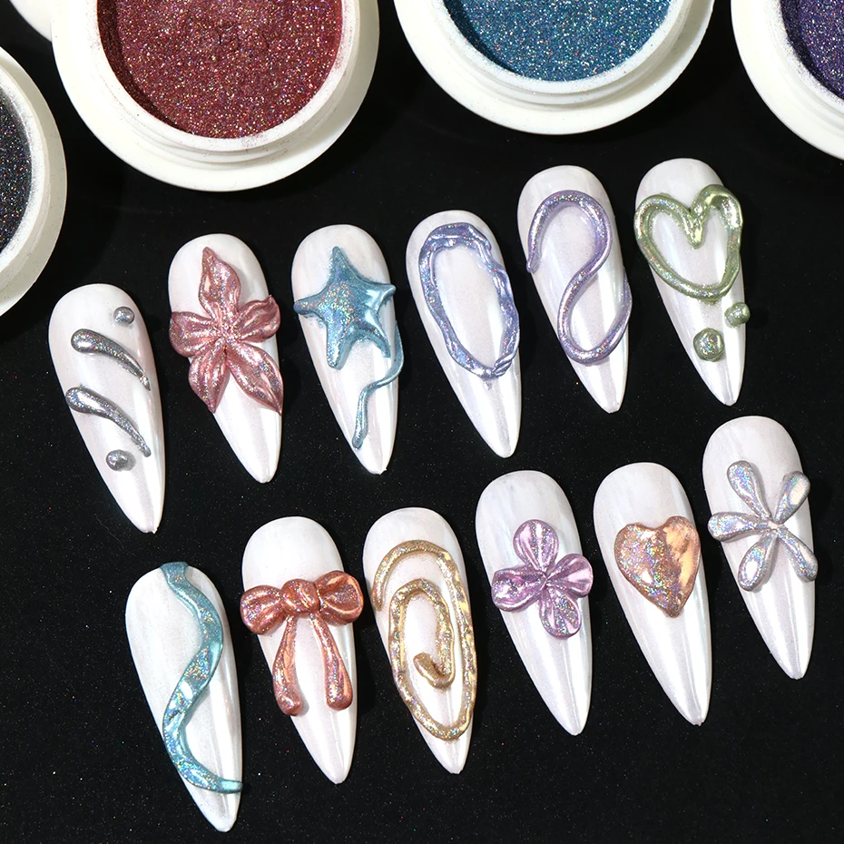 12 stuks holografisch chroom nagelpoeder glitter laser zilver roze metallic regenboog wrijven stof pigment nagelkunst decoraties make-up