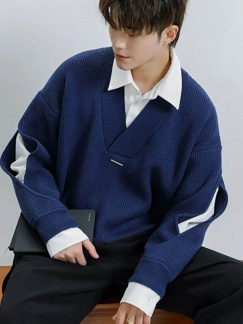 

Simple Casual Knitted Sweater V-Ne Splice Fake Two-Piece Set-Off-Look Long Sve Polyester Cotton Blend Breathable Comfort...