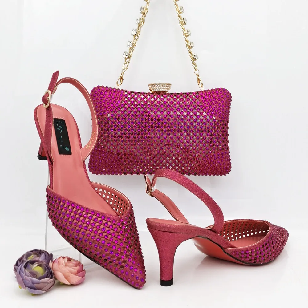 

Gorgeous Fuchsia Thin Heels 7CM Women Pointed Toe Shoes Match Crystal Handbag African Dressing Pumps And Bag Set QSL071