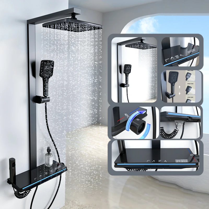 Conjunto de Chuveiro Termostático Inteligente Display Digital Chave de Piano Luz Ambiente Pistola de Água Fria e Quente Chuveiro Cinza Banhado