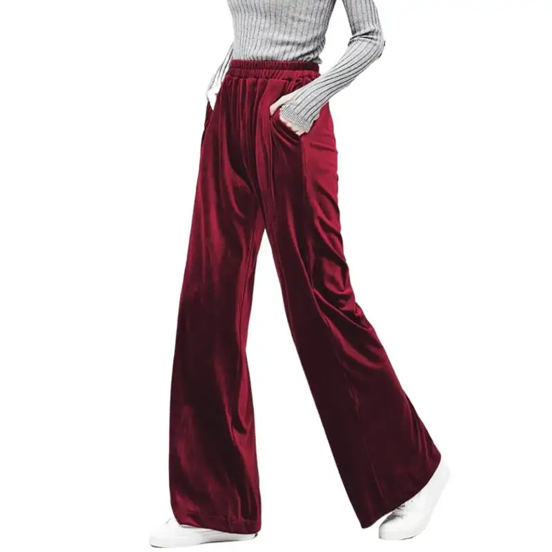 

Women Spring Autumn New Fashion Long Pants Korean Style Velvet Straight Pants With Pocket Solid All-Match Wide Leg Trousers