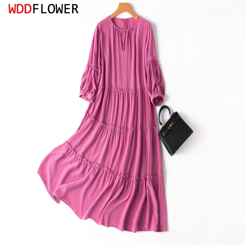 Women Silk Midi Dress 100% Mulberry Silk 18 Momme Crepe Silk Color Rose Crew Neck Lantern Sleeve Long Dress Big Hem MM690