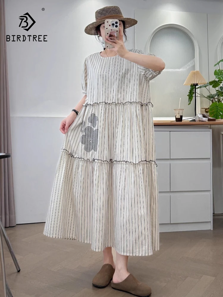 

New 2025 Summer Cotton Short Sleeve Dresses, Women O Neck Floral Striped, Mori Girl OL Japan Style Loose A-line Dress D55754CC