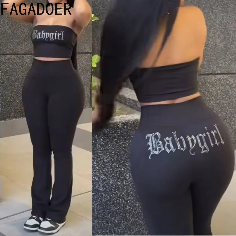 FAGADOER Rhinestone Letter Tube 2 Piece Set for Women Y2K Black Streetwear Fashion Tube Backless Crop Tops And Skiny Pants Suits