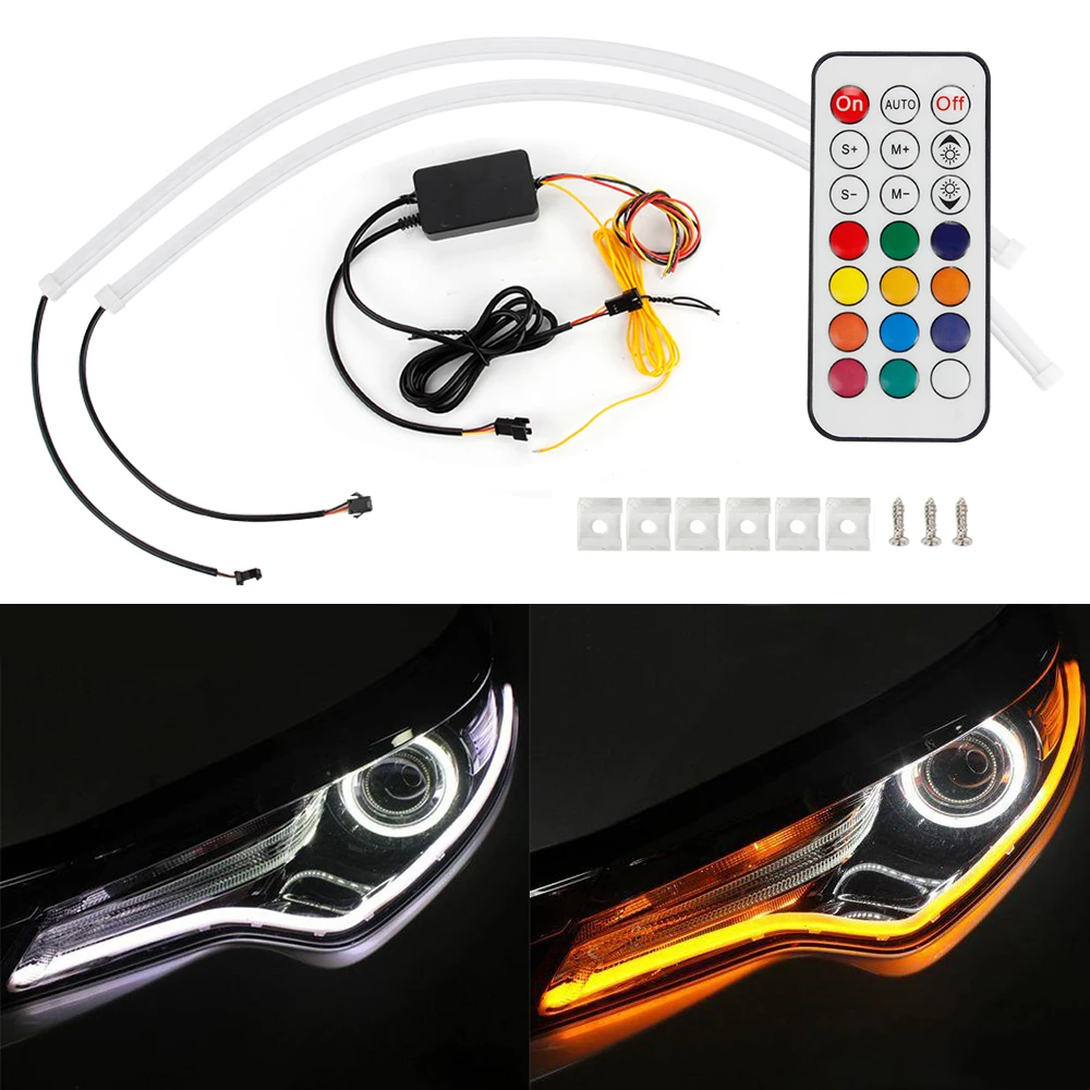 

MIHAZ 2Pcs LED Car Daytime Running Light Flexible Neon Strip Flow Headlights Universal DRL Auto RGB Turn Signal Lamp 12V