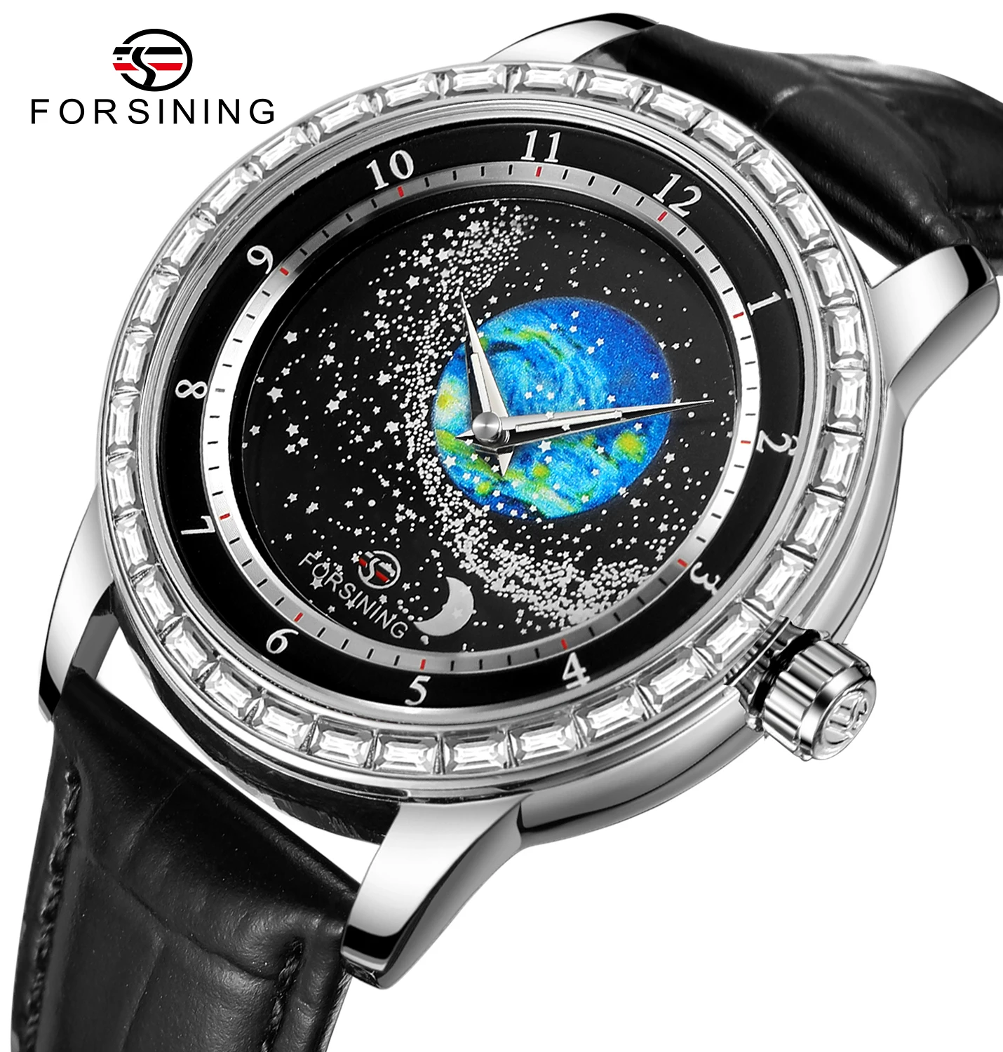 2024 FORSINING Design Erde Sterne Mond Set Mit Diamanten Echten Gürtel Männer Mechanische Automatische Uhr Wasserdicht Für Business