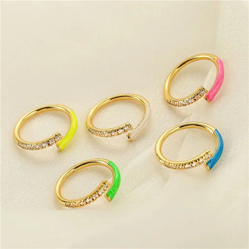 Summer New Colorful Neon Enamel Open Adjusted Finger Ring For Women Fluorescent Fashion Copper Zircon Jewelry