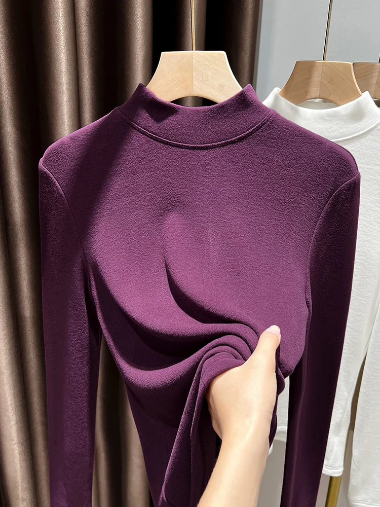 

Мягкая уютная двусторонняя вязаная футболка с высоким воротником для женщин, осенне-зимняя теплая базовая футболка с воротником-стойкой