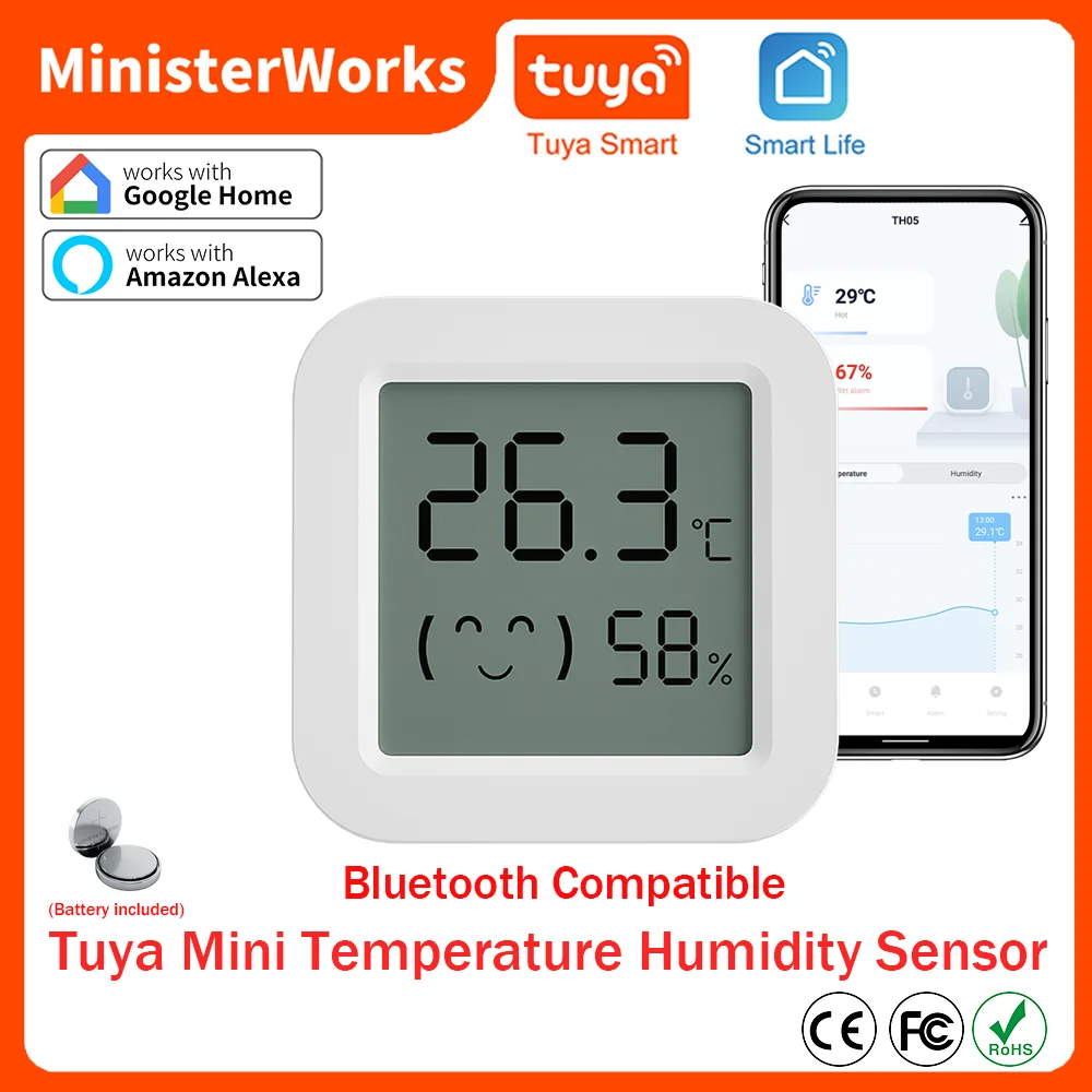 

Tuya Bluetooth-совместимый мини-ЖК-датчик температуры и влажности, приложение мониторинга гигрометра, термометра для Alexa Google Home