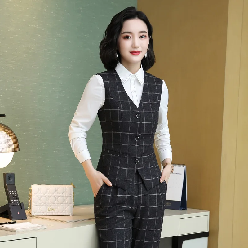 IZICFLY New Plaid Style Spring Autumn High-end Slim Uniform Business Suits with Pants Office Blazer Set For Women Work Wear