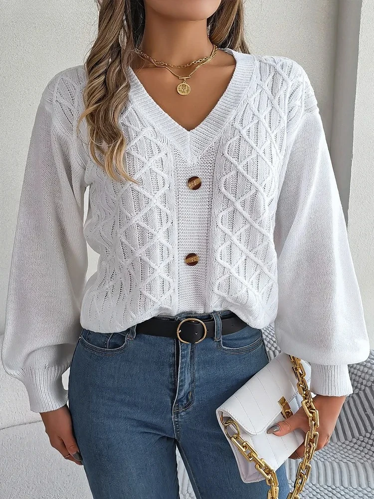 

Winter White V Neck Knitted Sweater Women Lantern Long Sleeve Loose Pullover Autumn Lady Solid Casual Warm Jumper