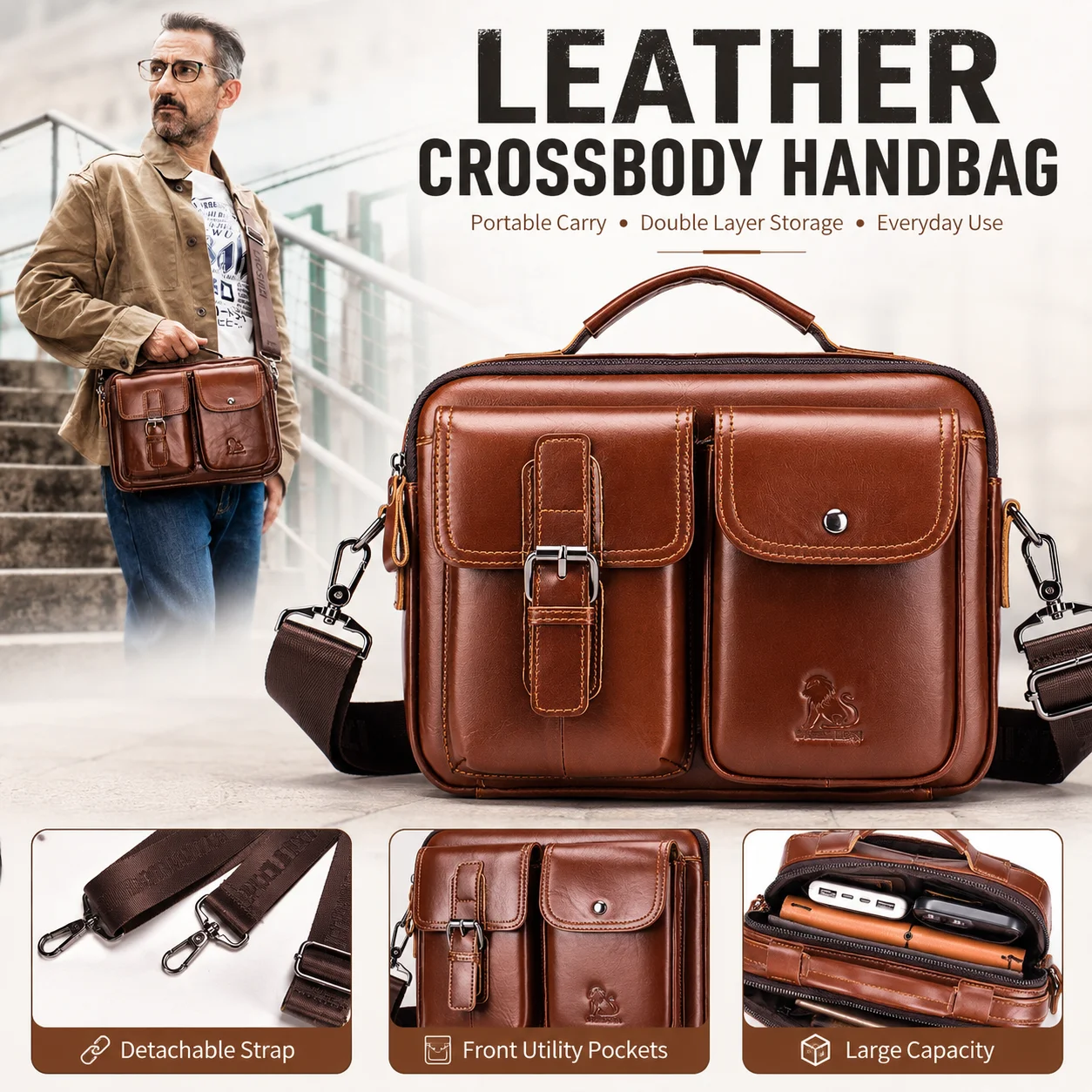 Men's Genuine Leather Shoulder Bag Vintage Crossbody Handbag Large Capacity Business Tote for Work Travel Commute Daily Carry