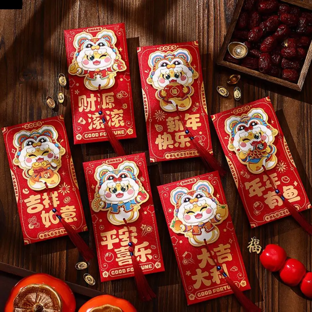 6pcs Household 3D Chinese New Year Red Envelope Hollow with Tassel Lucky Money Bag Mixed Pattern Red Packet Kids