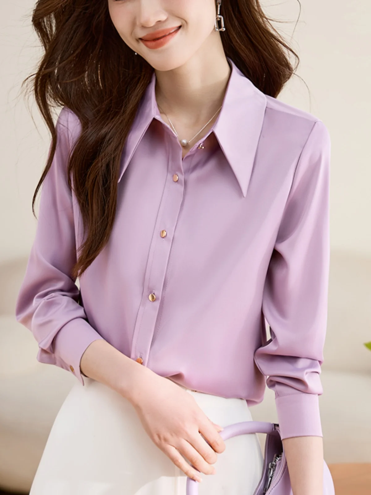 

Модная атласная женская блузка с длинным рукавом, весенняя коллекция, элегантная офисная универсальная блузка в корейском стиле с воротником