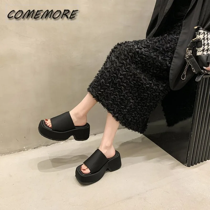 Ladies Slippers Women’s Flip Flops Shoes 2024 New Black Summer Casual Outside Square Toe Slides Female Platform Sandal Footwear