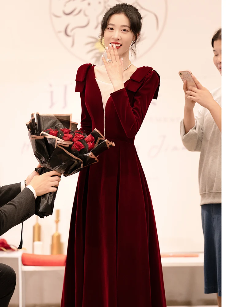 

Ele Wine Red Velvet Wedding Dr Long Sve V-Ne Bridal Gown for Engagement Parties Winter Wedding Dres