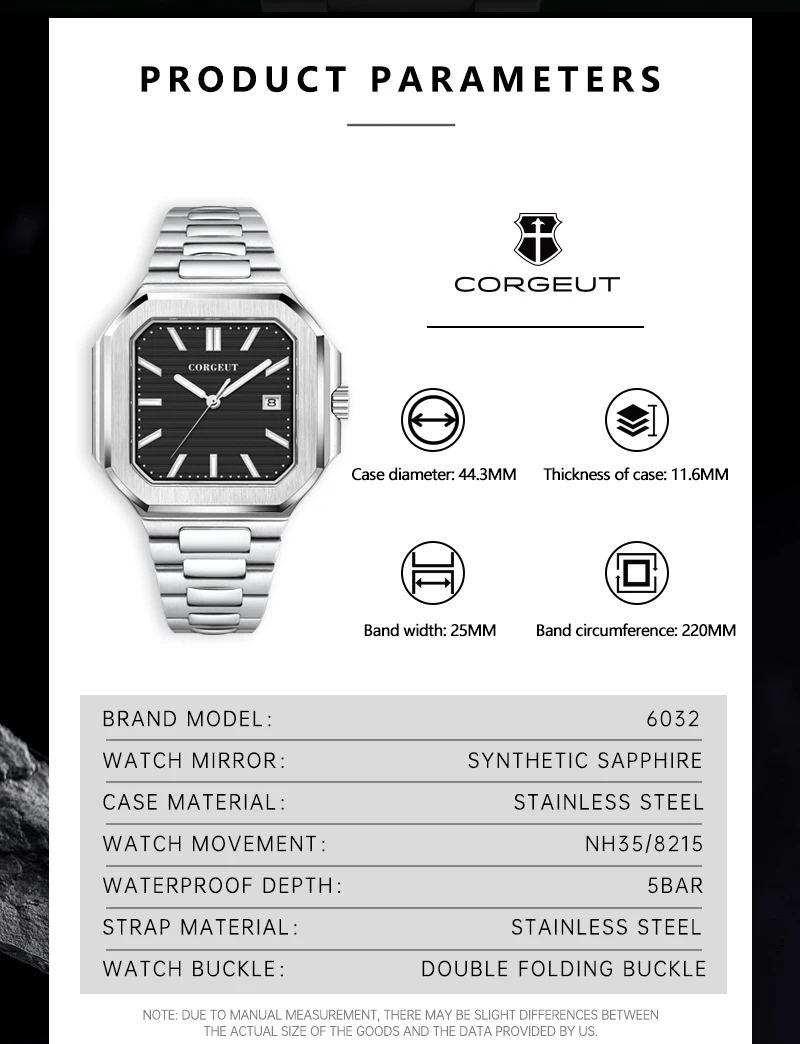 Customized Logo 44.5MM Mechanical Square Steel Case Aseptic Watch Automatic Movement NH35 Fashion Date Gift Men's Watch Corgeut