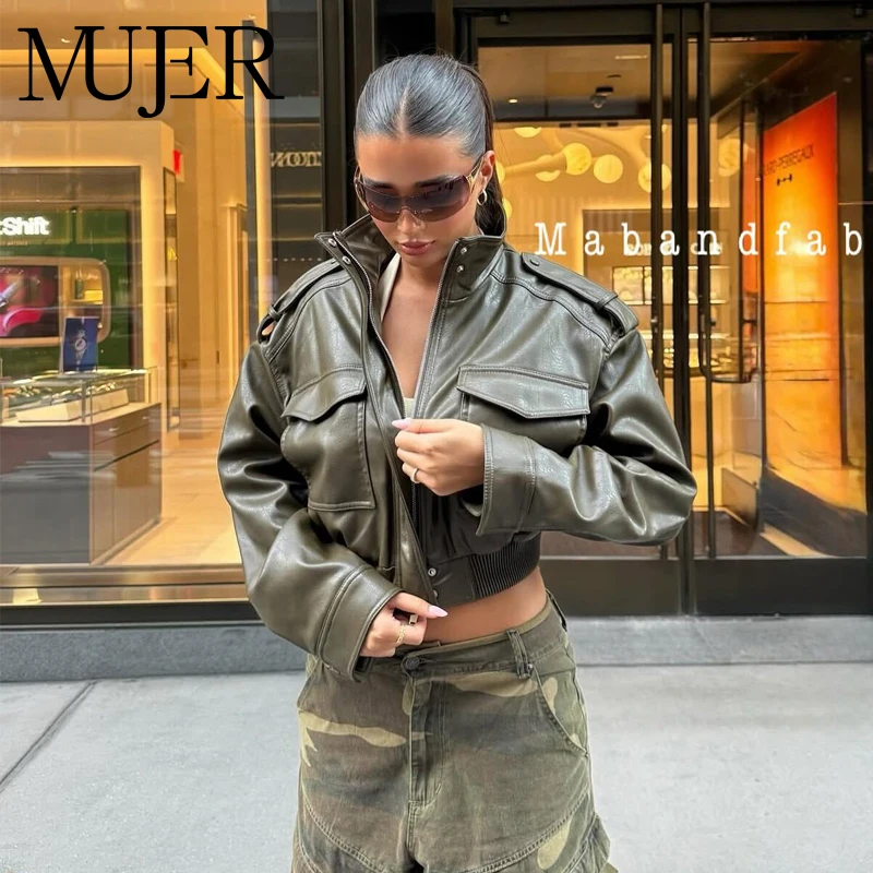 سترة نسائية من الجلد الصناعي من MUJER سترات بموسم ديمي للنساء معاطف نسائية بأكمام طويلة معطف بسحاب للنساء