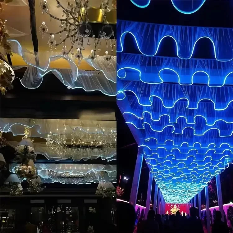 Leuchtender Vorhang für Hochzeits-Deckendekoration, Weißer Wellen-Tüllstoff mit Lichtern, Romantische Party- und Weihnachtsdekoration – Detail 22