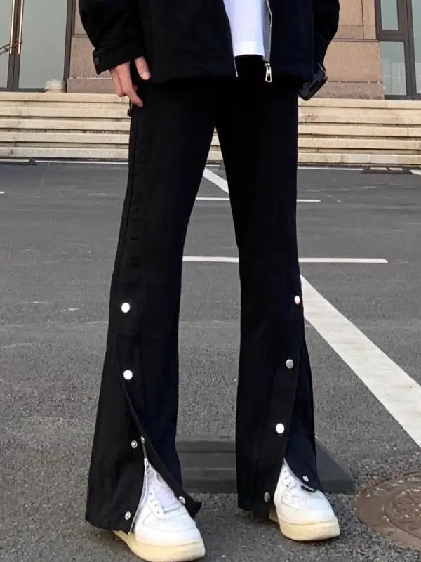 

American Vibe Button down Denim Jeans Men's Zipper Design Straight Leg Micro Flared Pants Unisex Streetwear Long Trousers
