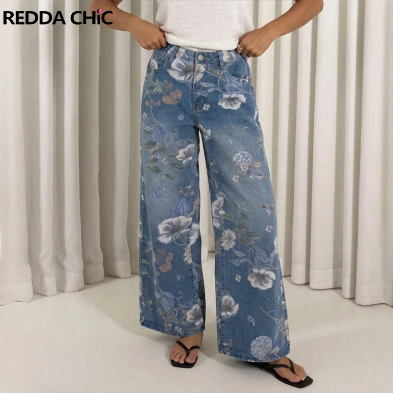 

Женские джинсы REDDACHiC с цветочным принтом, в стиле ретро, бохо, с эффектом потертости, свободного кроя, с низкой талией, прямые, широкие штанины, для дома и улицы