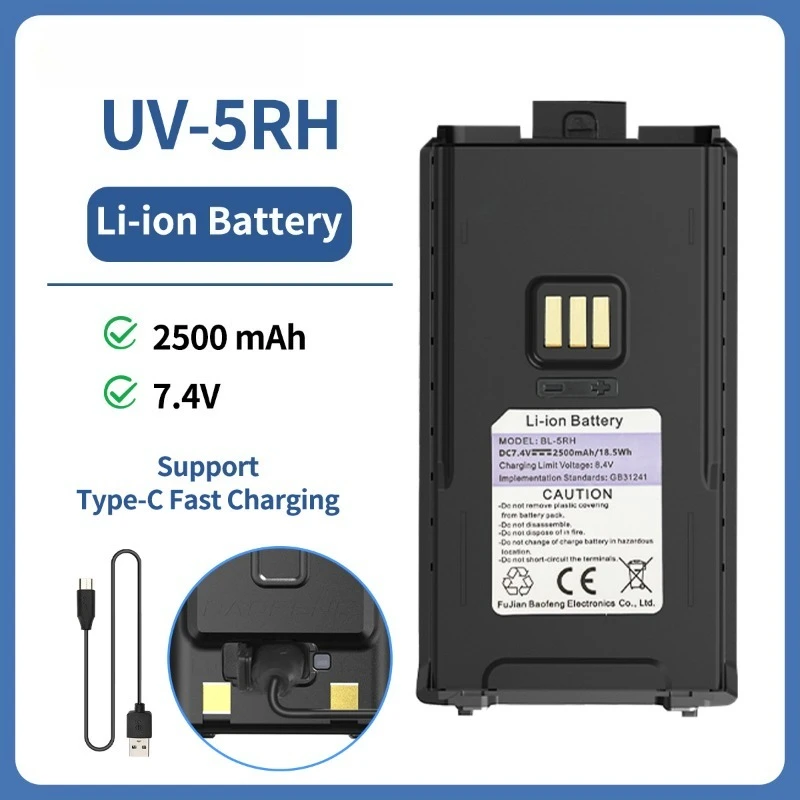 New UV-5RH Type-C Charging Rechargable Battery 7.4V 2500mAh for Baofeng Pro UV-5RM UV-K5 Plus K5 Pro Max Walkie Talkie Battery