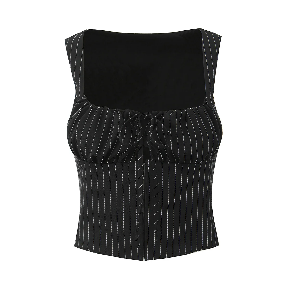 2025 Black Striped Bow Ruched Chest Hook Buttons Crop Top Women Low Waist Package Hips Pleated Mini Skirt Suits 2 pieces 1 Set