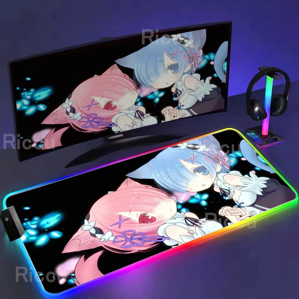 RGB Mousepad Gaming Accessories Anime Girl Mouse Pad Re Zero Rem Mausepad 1000×500mm PC Speed Keyboard Gamer Rubber Desk Mat Rug