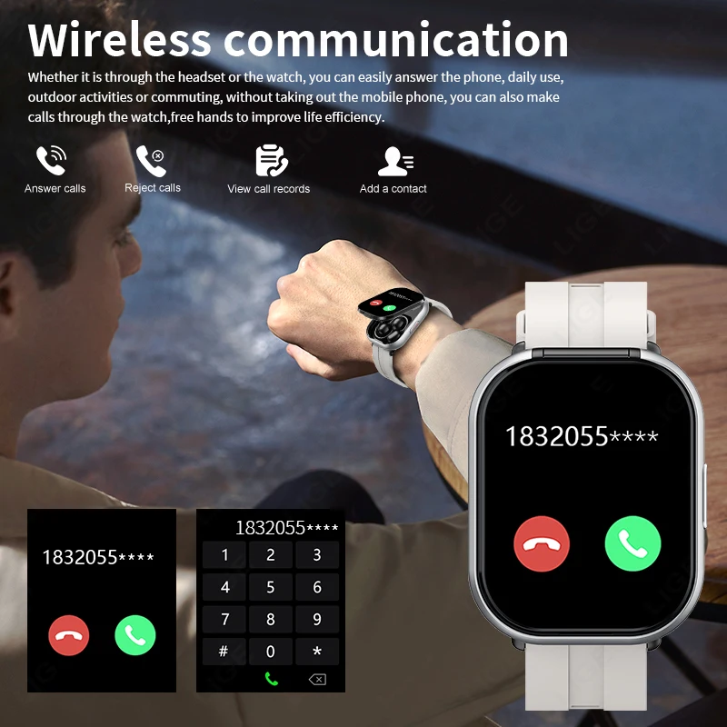 LIGE TWS 2 in 1 스마트 워치 헤드폰 스포츠 피트니스 블루투스 헤드셋 통화 시계 남성 건강 모니터 여성 스마트워치 이어버드