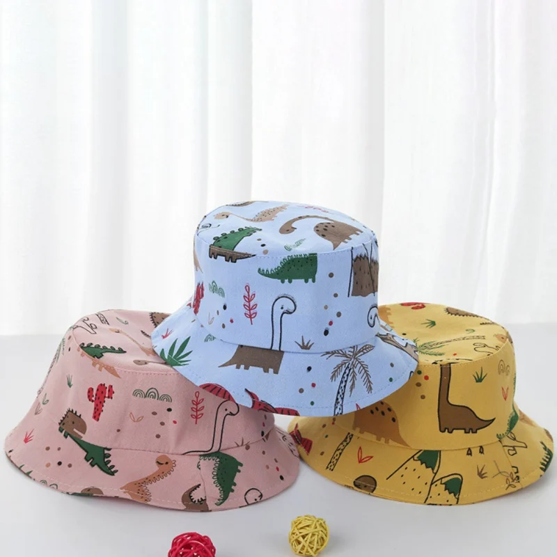 

Spring Summer Baby Boys Bucket Caps Cute Cartoon Dinosaur Print Bucket Hat Infant Cotton Skin-Friendly Panama Caps Casual Visor