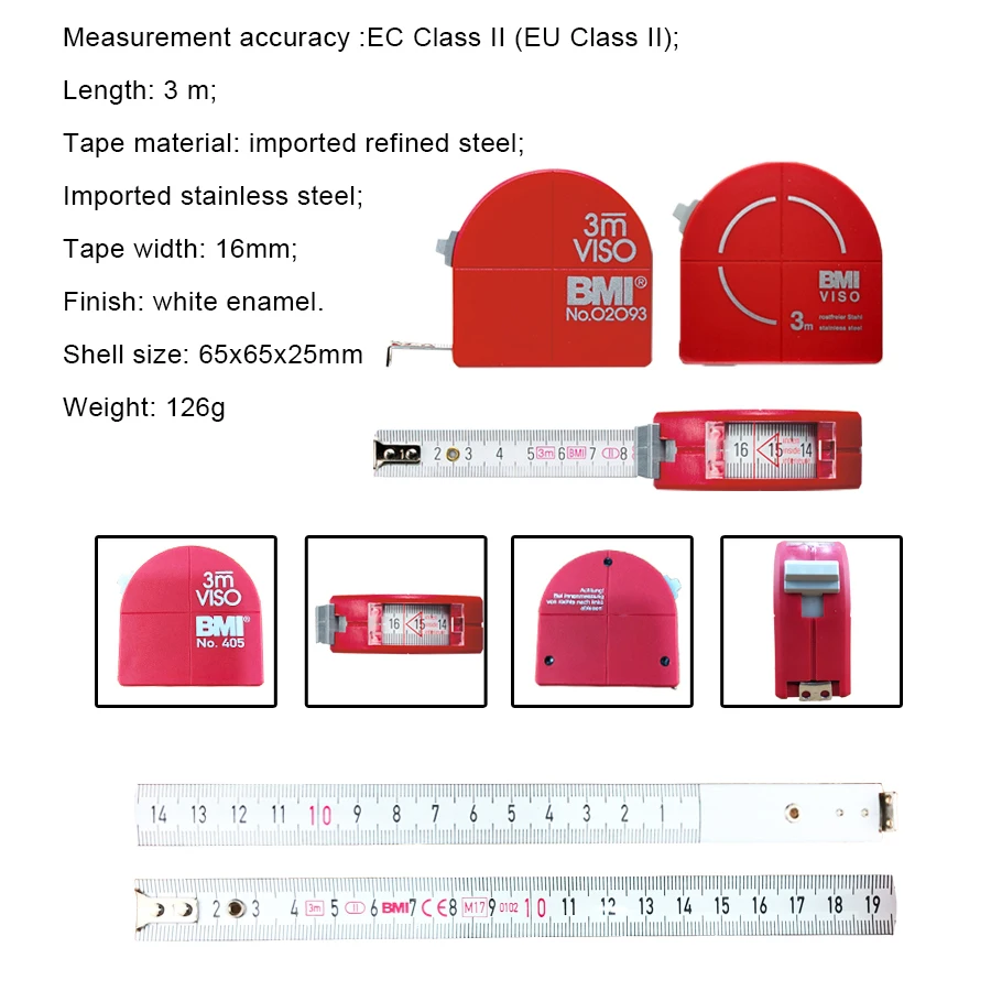 BMI 405 VISO 3m Tape Measure with mm Graduation,Retractable,Self-Locking for Designer, Decorator