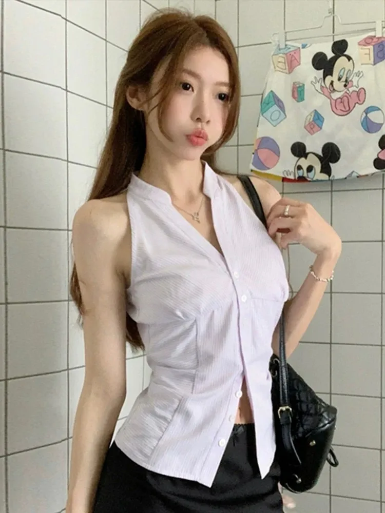 Korean Style Striped Backless Sleeveless Shirt Women Summer New Design Waist Cinching Spicy Short Top V-Neck Button Closure