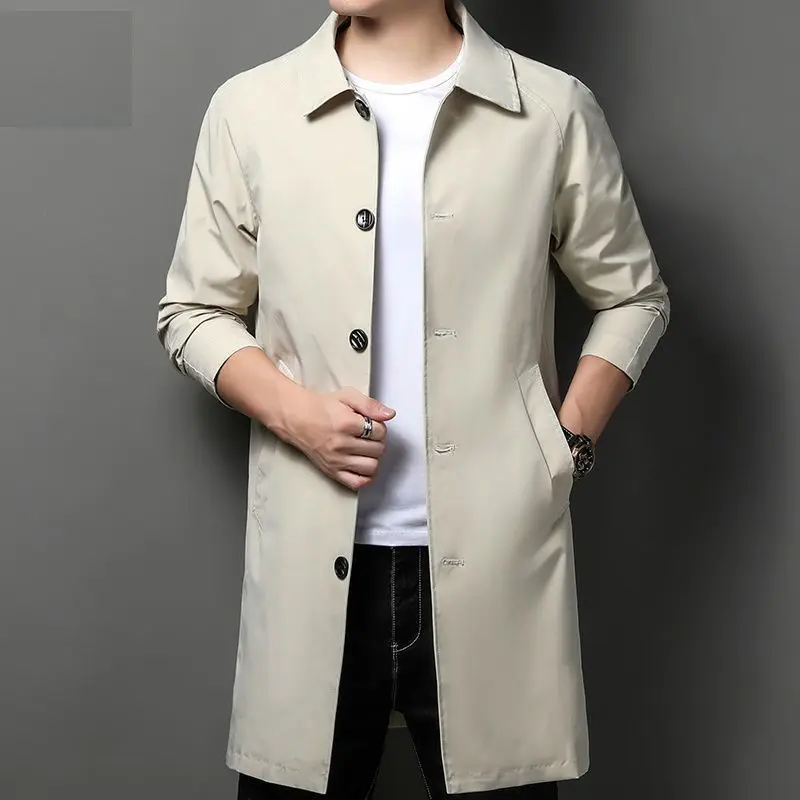 

Light Beige Men's Long Windbreaker Coat Mid Length Turn Down Collar Business Jacket for Middle Aged Men Spring Autumn Outerwear