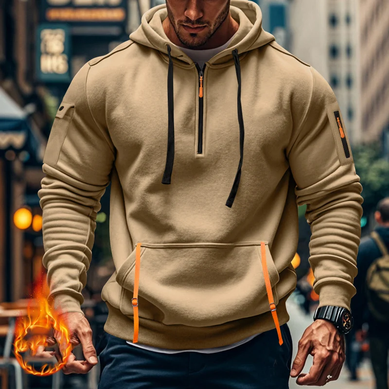 

2024 Winter Furry Men's Hoodies Fashion Loose Solid Patch Pocket Zipper Hooded Sweatshirt Male Autumn Long Sleeve Lace-up Hoodie