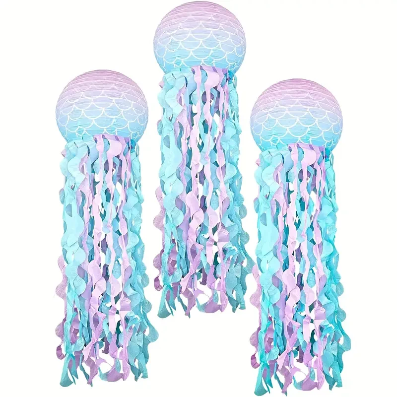 Linternas de papel de medusas, linternas colgantes a escala de sirena, conjunto de decoración para fiesta de cumpleaños con tema del mundo submarino y océano, 2/4 Uds.