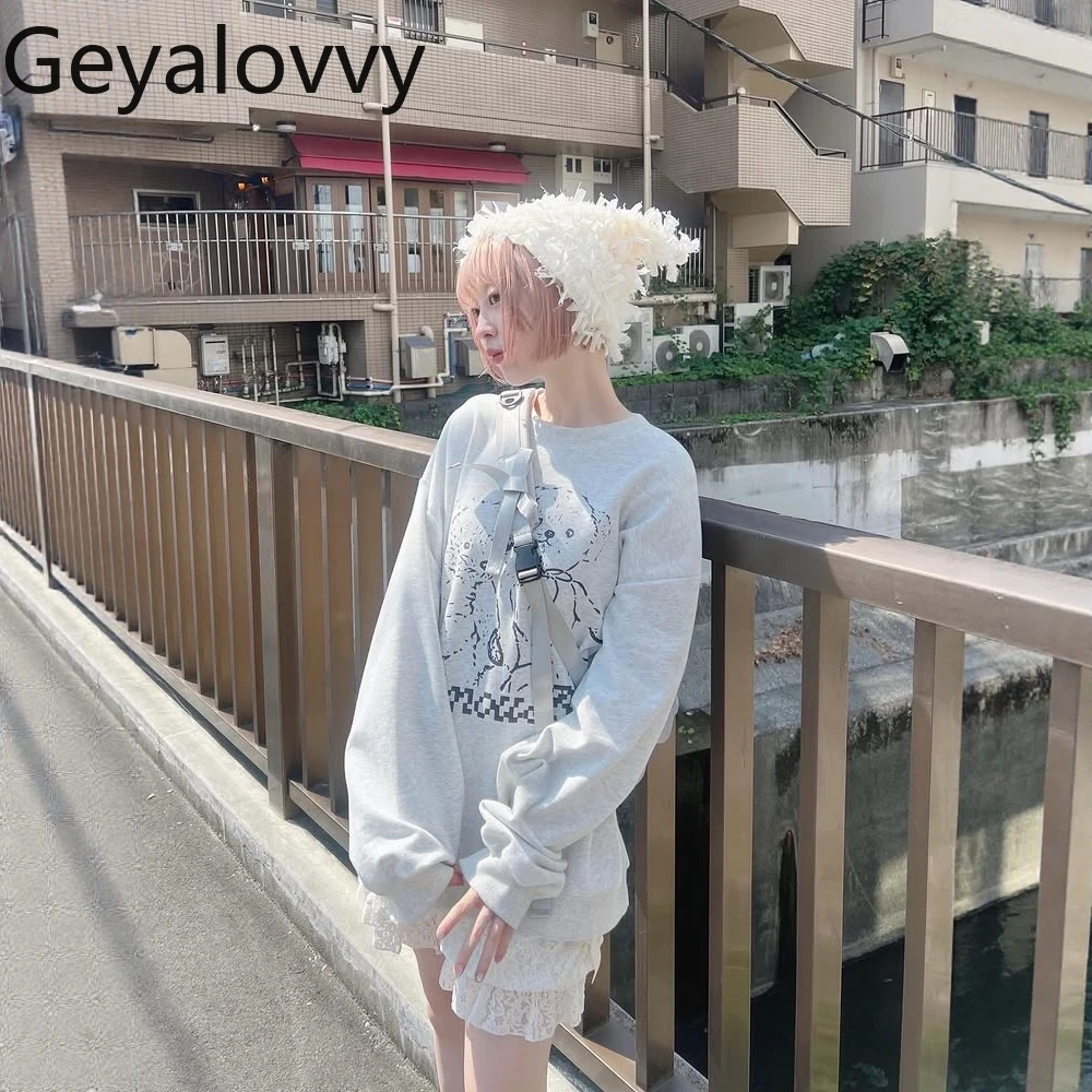 Słodkie, uniwersalne bluzy z kapturem z nadrukiem kreskówkowym, luźny krój, jesień-zima, nowa bluza z okrągłym dekoltem, długi rękaw, frotte, dla kobiet.