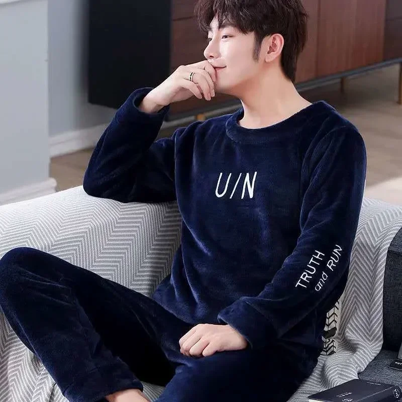 Set Coral Thickened Flannel Winter Sleepwear Sets Sleeve Pajamas Warm Cartoon Nightwear Lounge Fleece Men For Men's Long